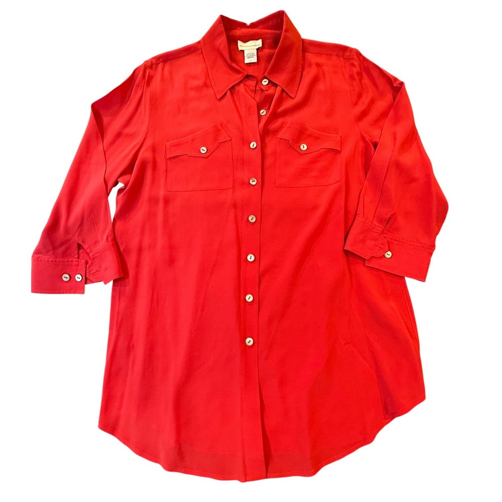 Soft Surroundings Red 100% Silk Button Down Tunic Shirt Womens‎ Large 3/4 Sleeve